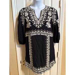 Maeve Anthropologie Embroidered Mini Dress Black Tunic Bohemian Chic Women